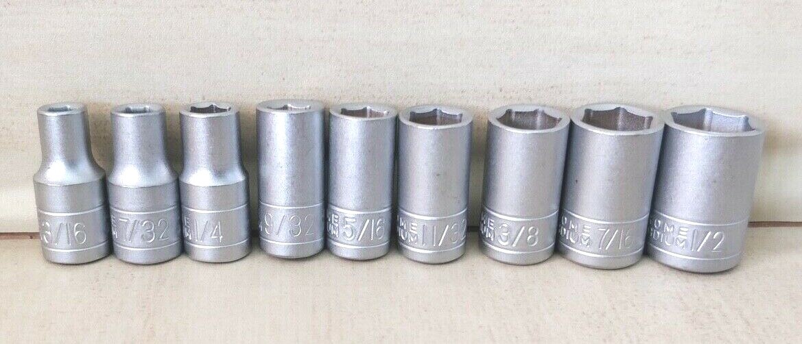 9 Pieces — Standard Socket Set — 3/16 through to 1/2 — 1/4″ Drive -6 Point