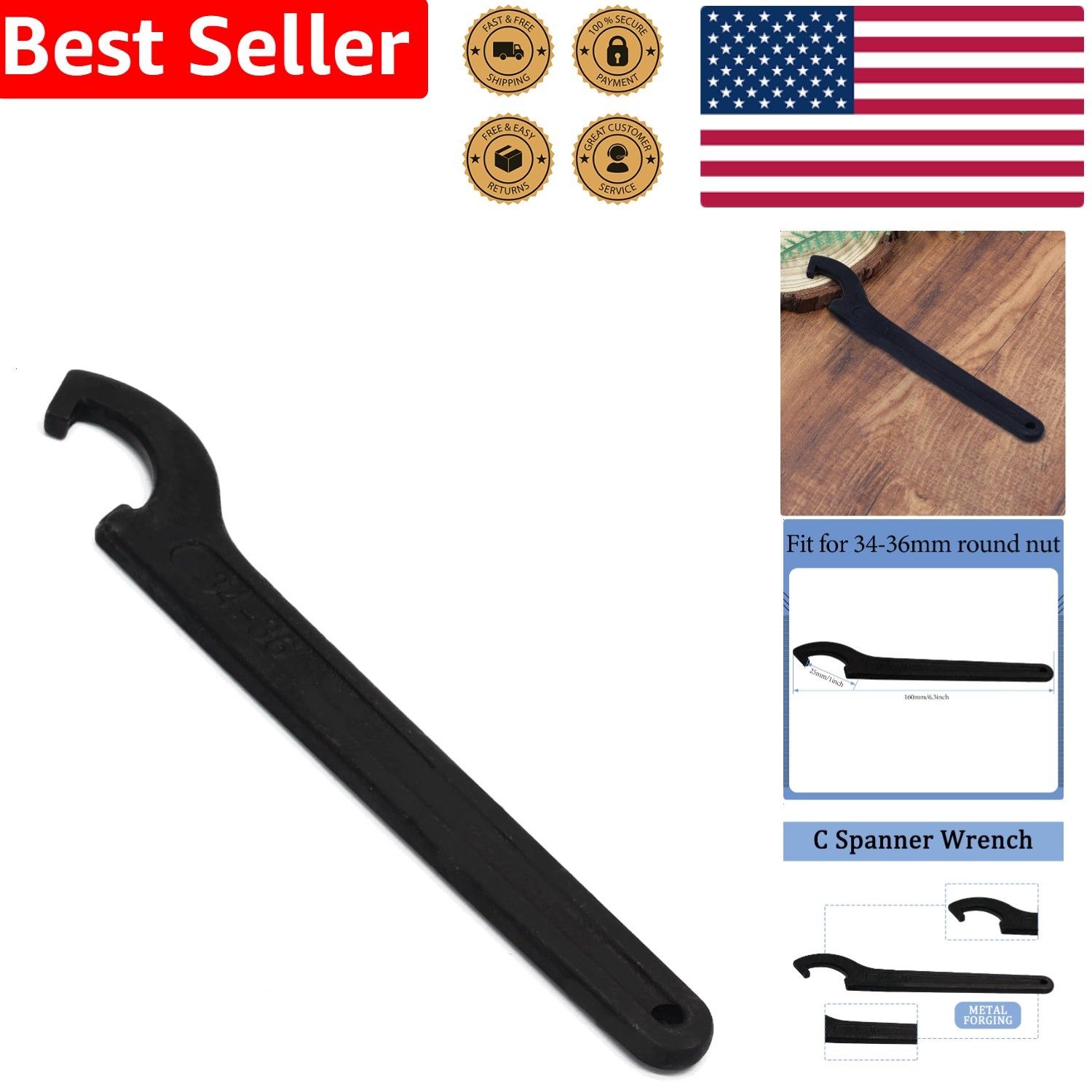 Heavy-Duty C Hook Wrench 34-36mm Carbon Steel Shock Nut Collet Adjustment Tool