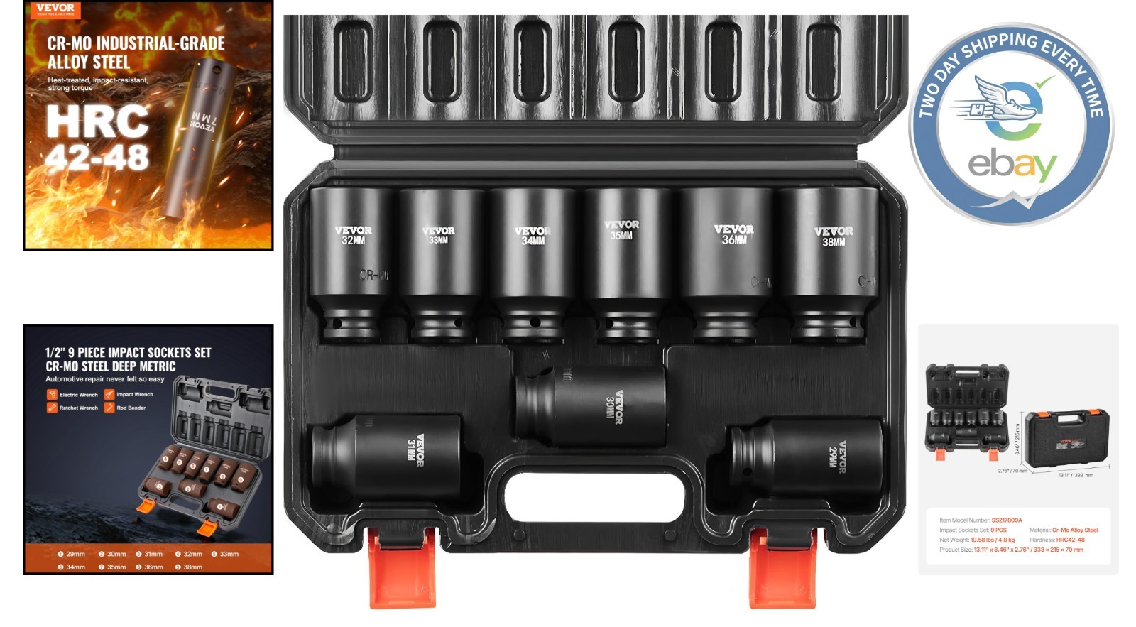 9 Piece Cr-Mo Impact Socket Set 1/2″ Drive with Easy-to-Read Markings & Toolbox