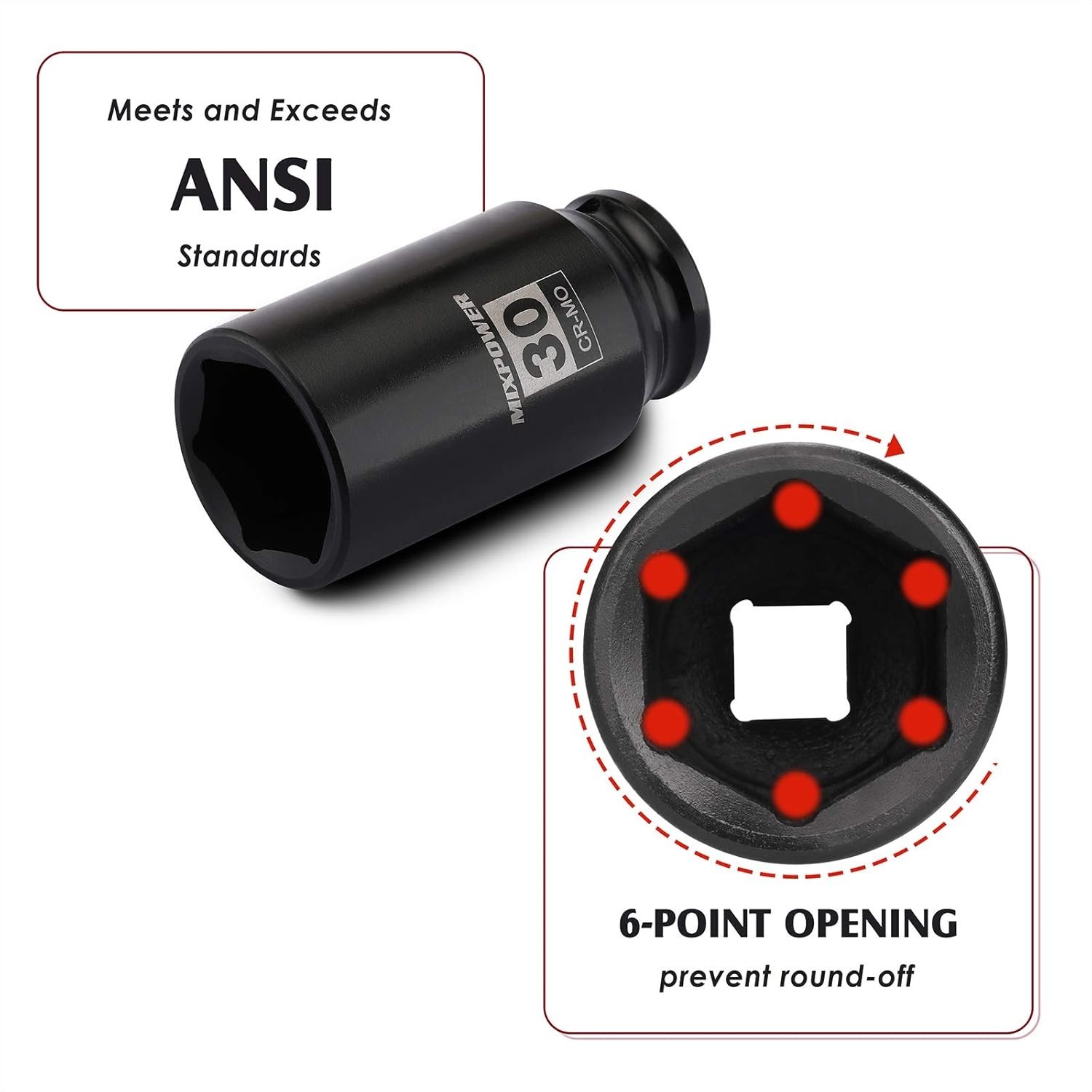Professional-Grade 1/2″ 30mm Impact Deep Socket – Laser Etched, 6-Point Design