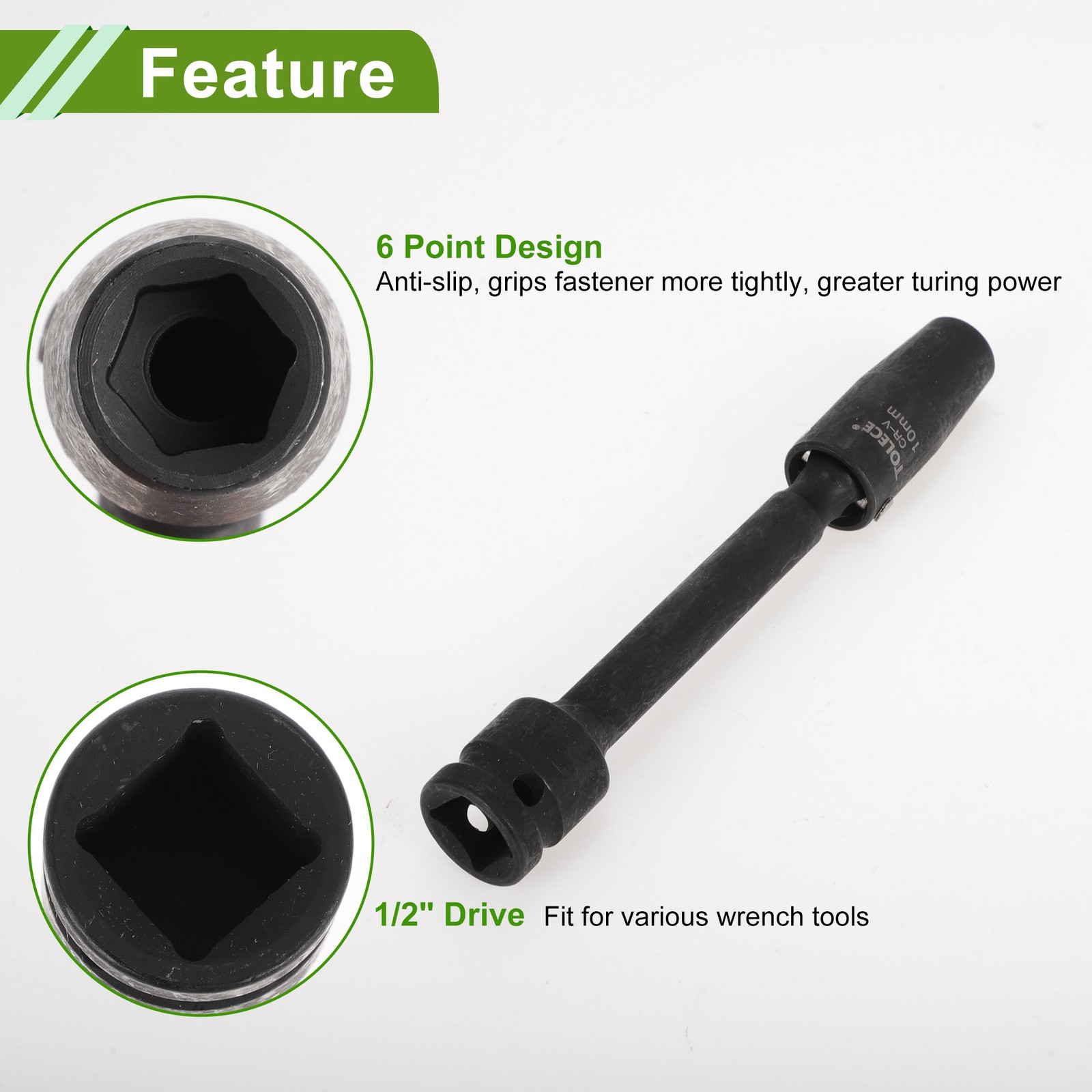 Universal 1/2 Inch Drive Impact Socket 10mm 6 Point 145mm CR-V Black 1 Pcs