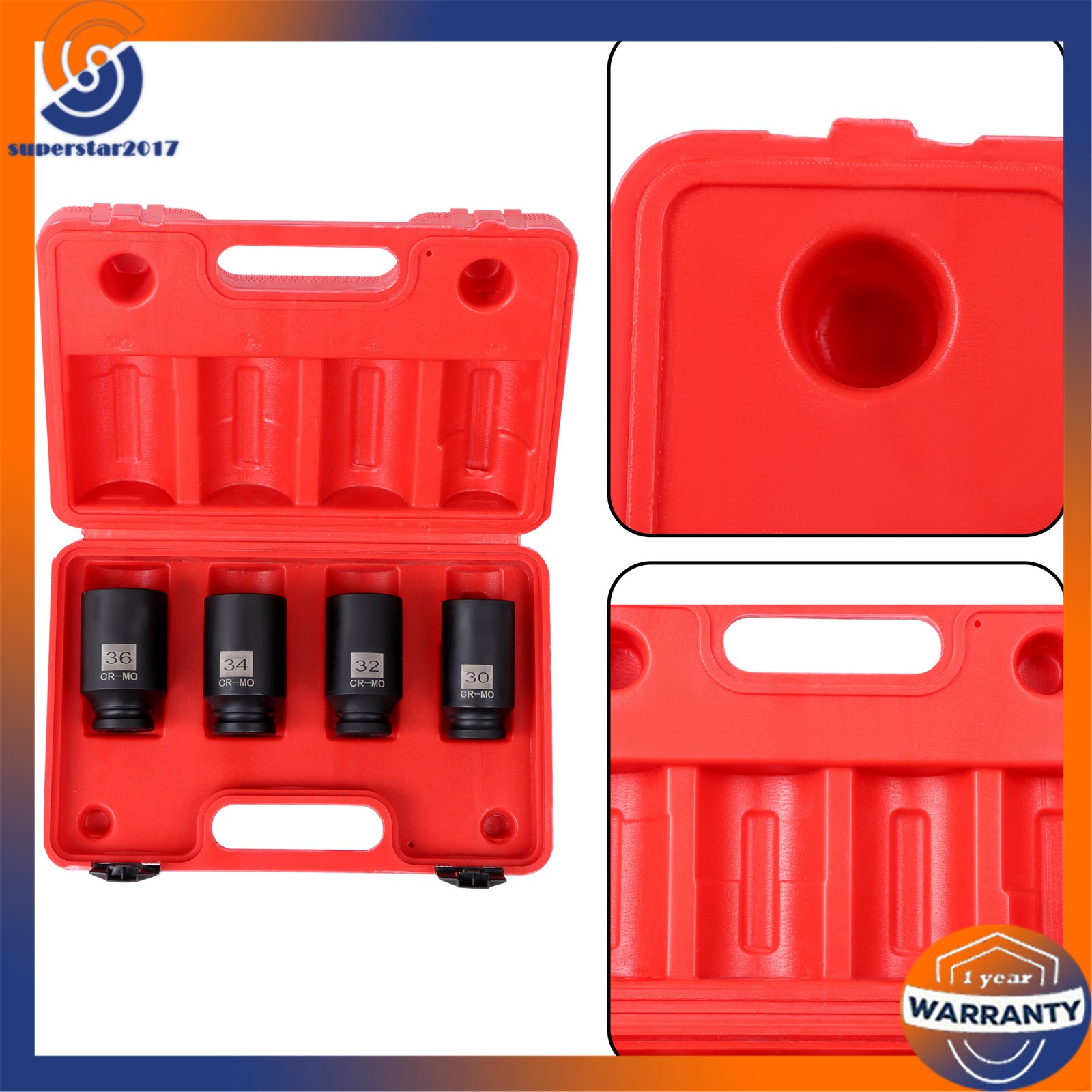 4Pcs 12 Point 30mm 32mm 34mm 36mm 1/2″ Drive Spindle Axle Nut Socket Set