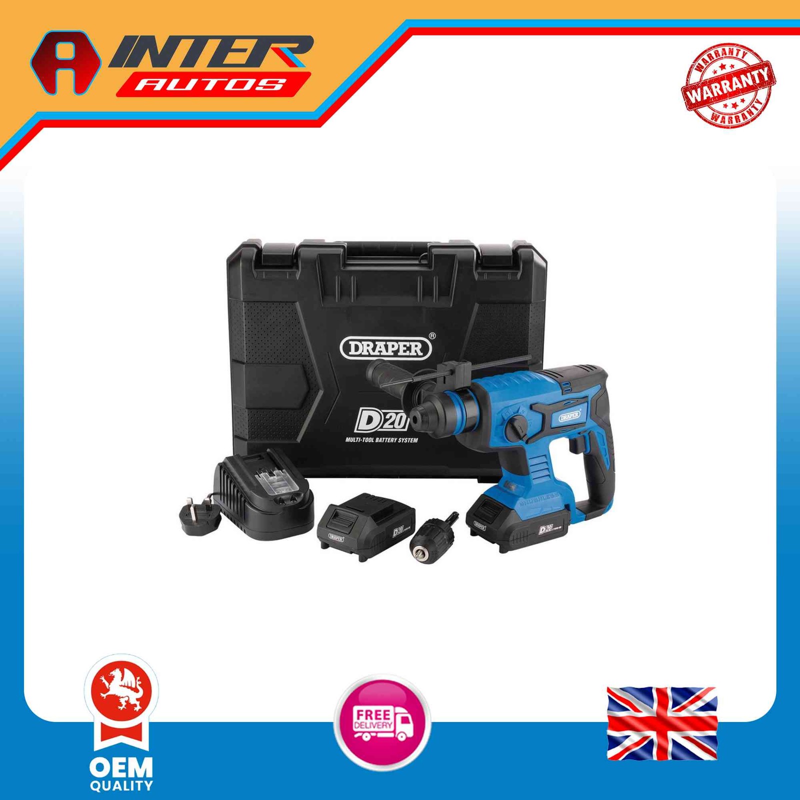 Draper D20 20V Brushless SDS+ Rotary Hammer Drill 2×2.0Ah Batteries 1xCharger