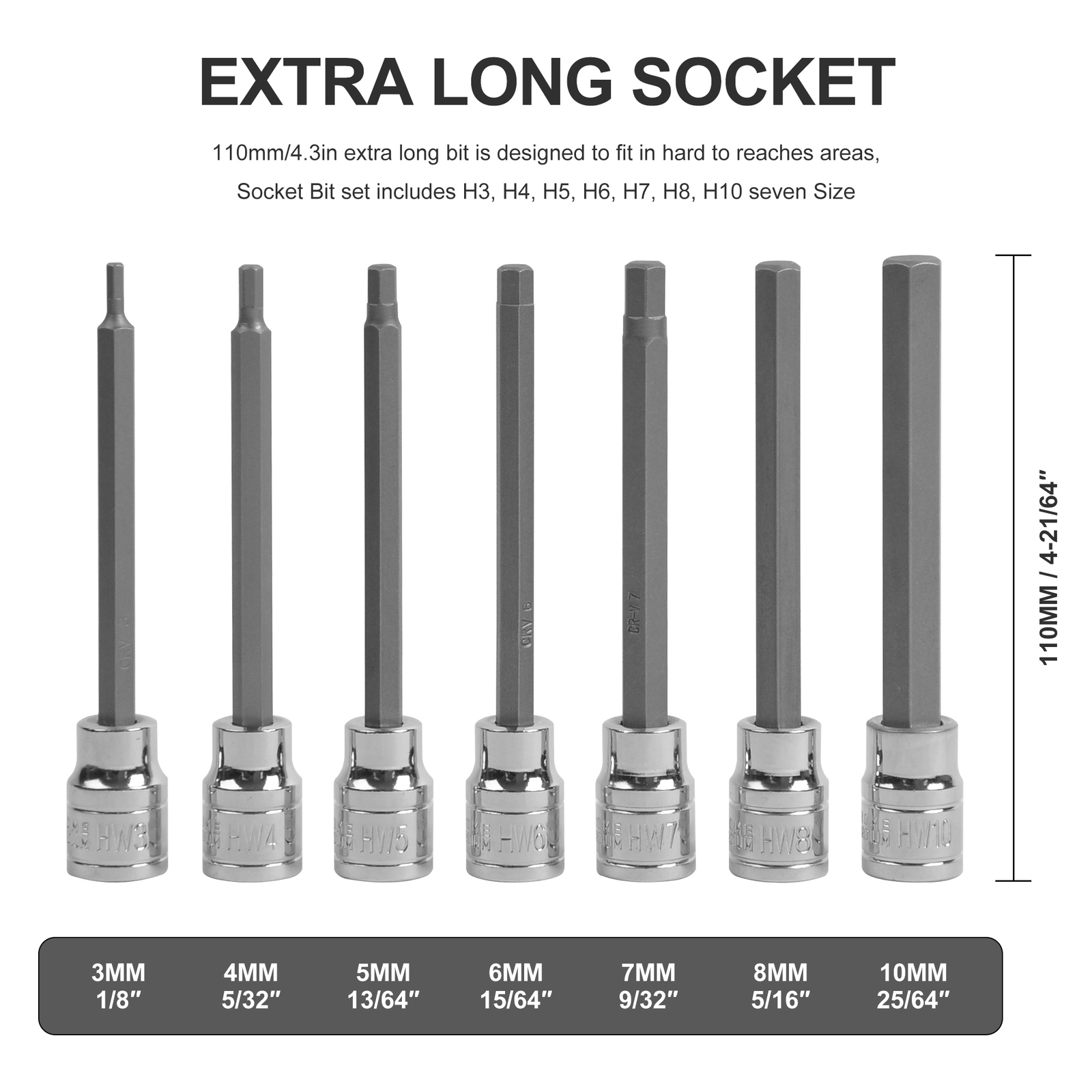 7Pc Extra Long Allen Hex Bit Socket Set 3/8″ Dr, Metric 3-10mm, S2 & Cr-V Steel