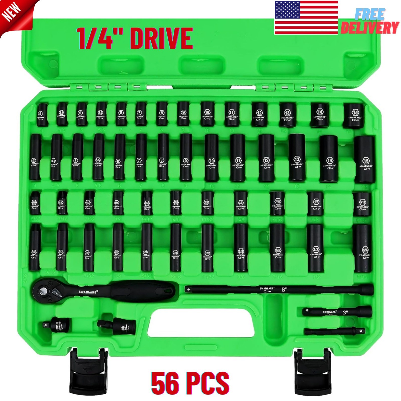 1/4″ Drive Impact Socket Set, 56 Pcs SAE 5/32″ to 9/16″ & Metric 4-15mm Sizes