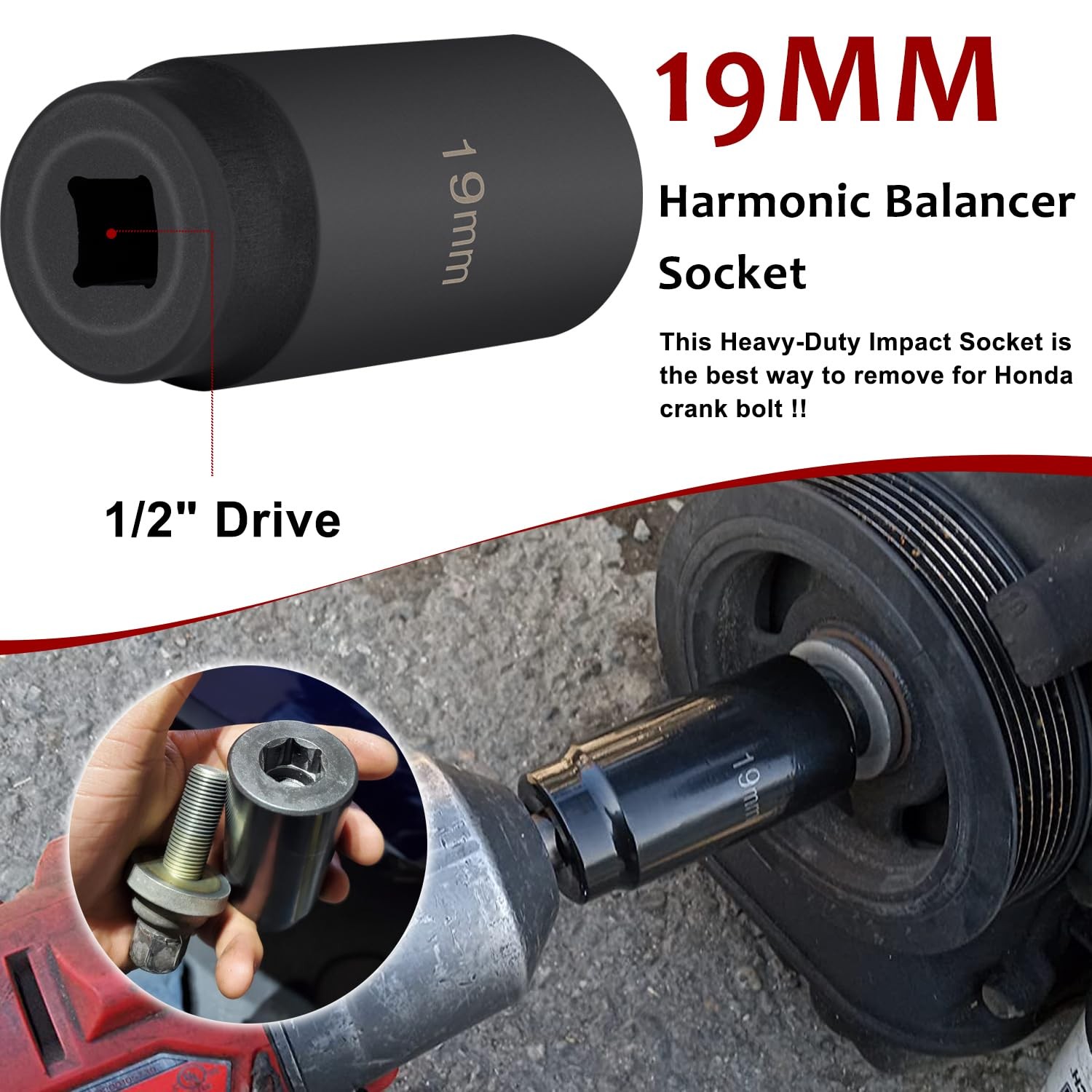 19mm Harmonic Balancer Socket & 50mm Crank Pulley Wrench Tool for Honda Acura