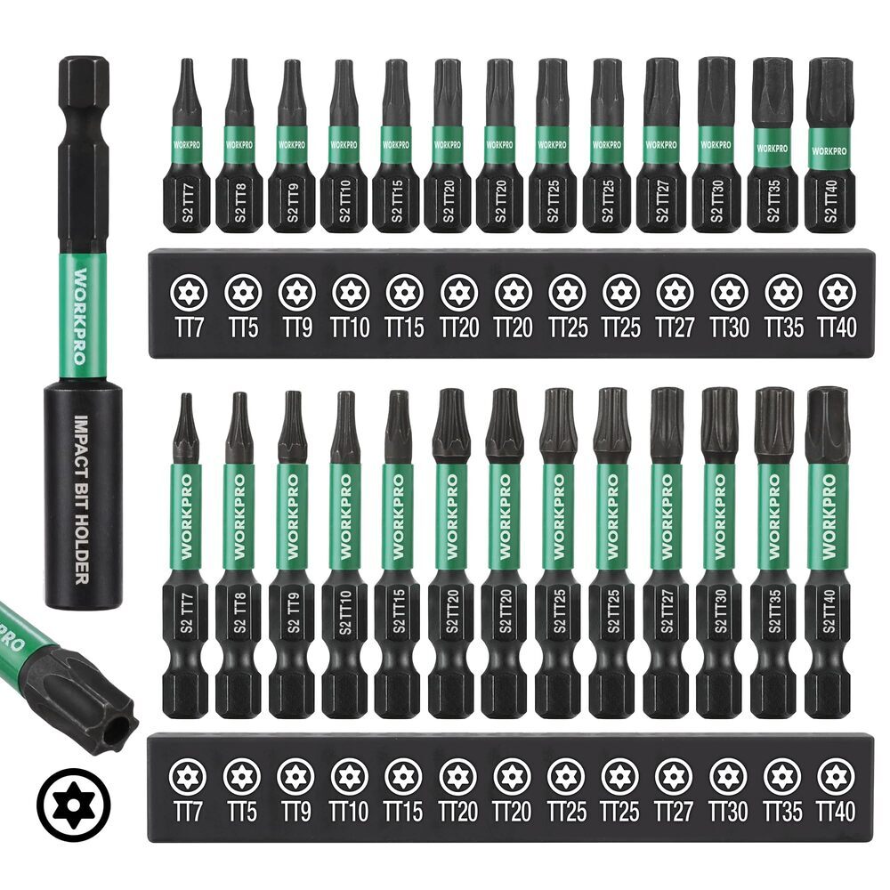 WORKPRO 27PC Impact Torx Bit Set (TT7-TT40) 1/4″ Hex-Shank W/1″&2″ Long Star Bit