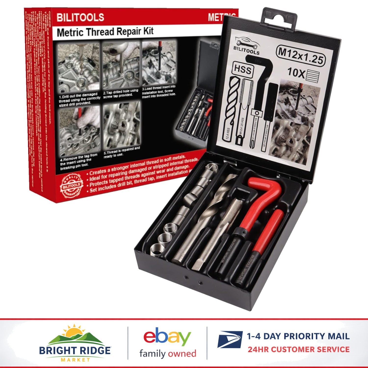 M12x1.25 Metric Thread Repair Tools with Stainless Inserts and Organizing Case