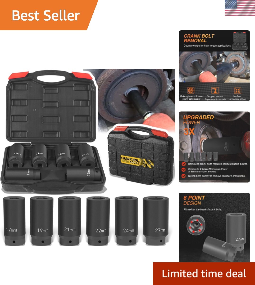 6 Pack 1/2’’ Drive Crank Bolt Socket Set, 17MM, 19MM, 21MM, 22MM, 24MM, 27MM,…