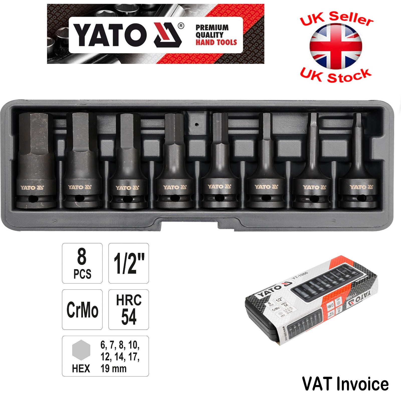 Yato Professional Impact HEX Sizes 9-19mm Bits Sockets Set 8 PCS 1/2″ YT-1066
