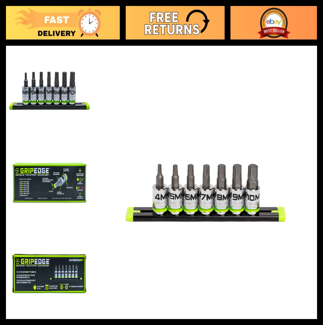 7-Piece 3/8» Drive Short Metric Hex Bit Socket Set, S2 Steel, 4MM-10MM, Storage