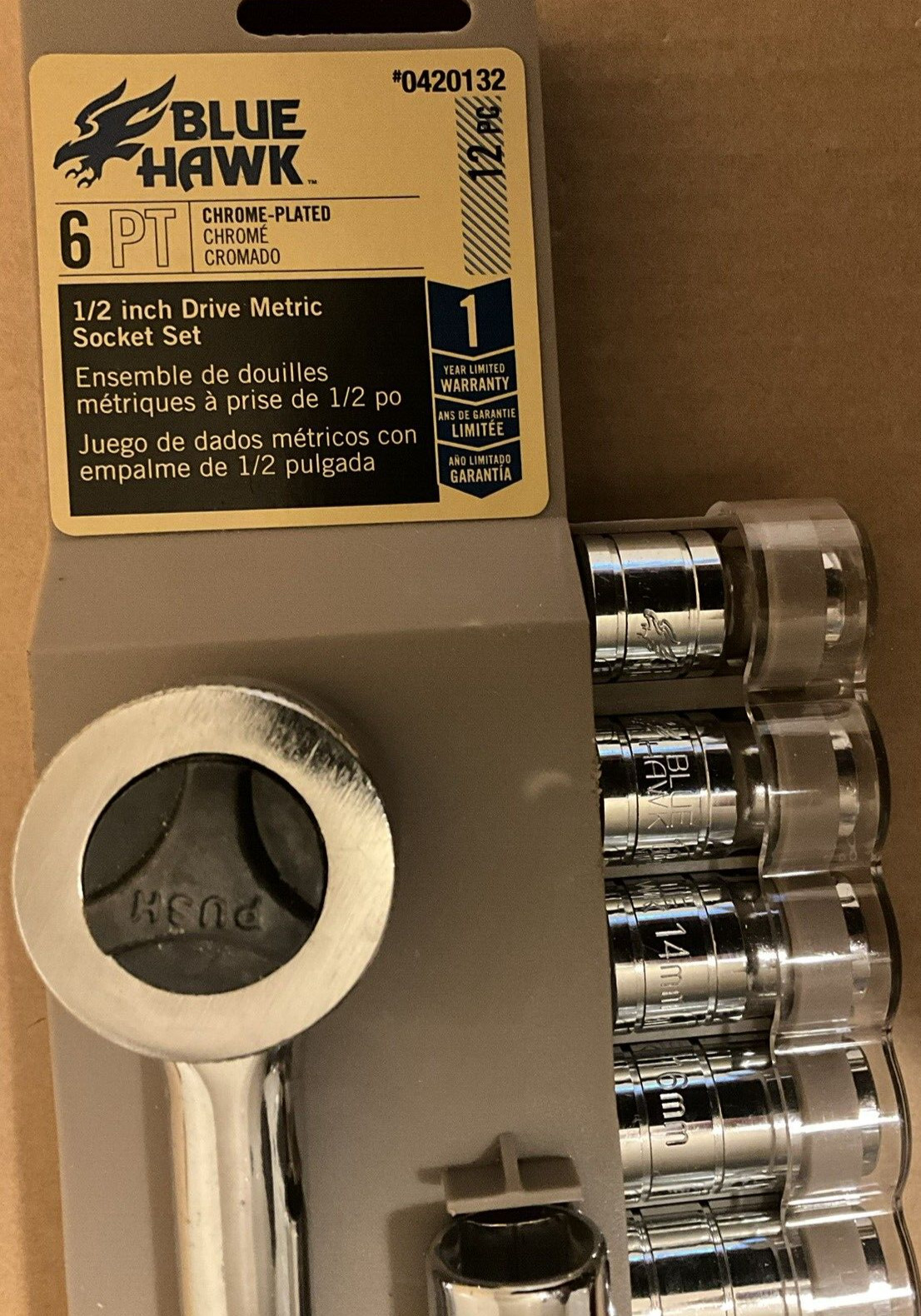 Blue Hawk Chrome Plated 1/2 Inch Drive Metric 6pt Socket Set Brand New 12pc
