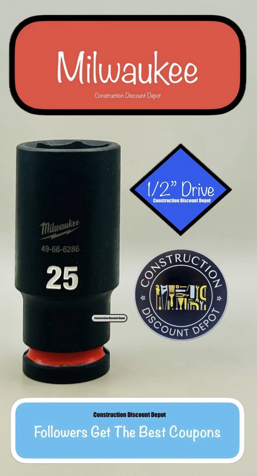 Milwaukee 49-66-6286 25MM Shockwave Impact Duty 1/2 In. Drive Deep Socket 25 MM