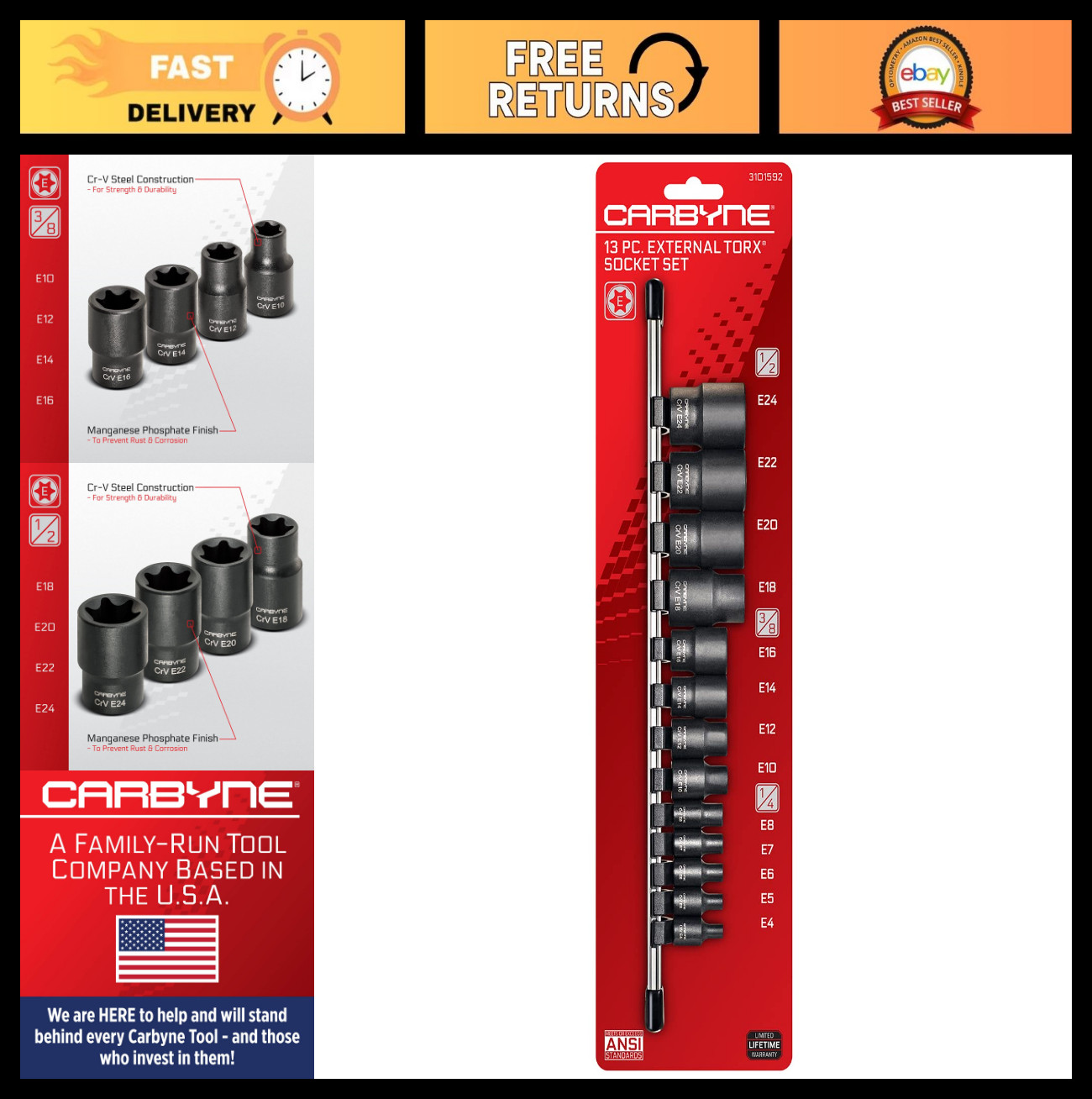 13-Piece External Torx Socket Set E4-E24, CrV Steel, Manganese Finish, Drive Rai