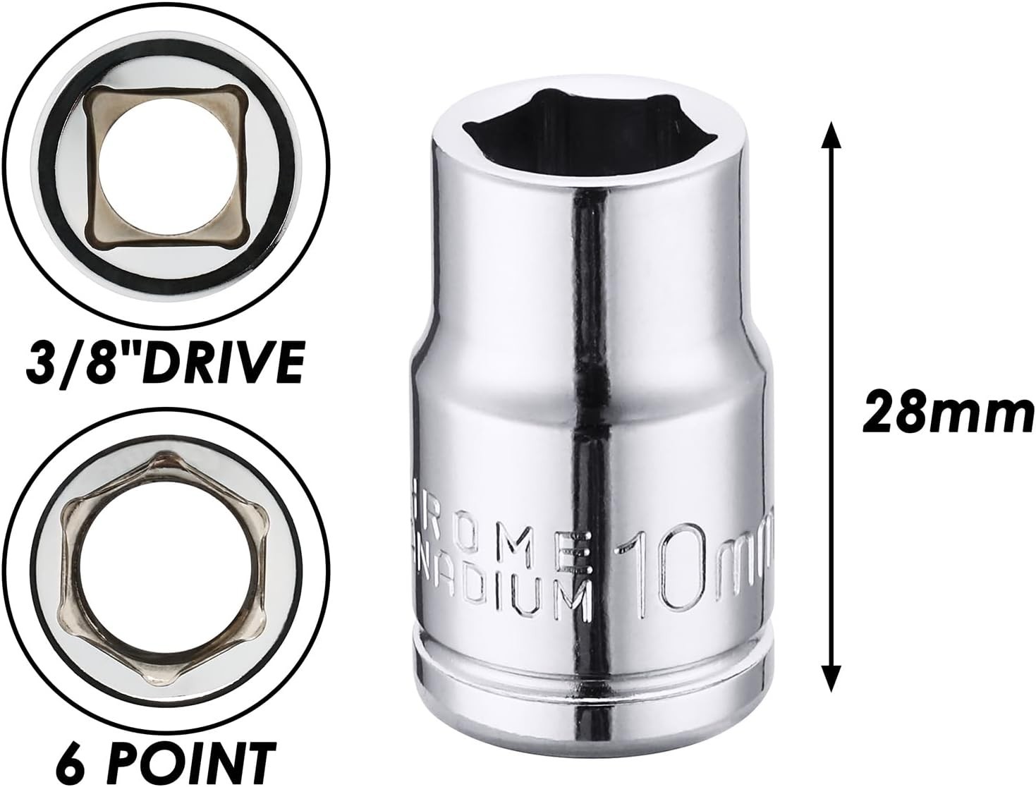 10mm Deep Shallow Socket Set 3/8″ Drive 6PCS CR-V Steel 6 Point 12 Point