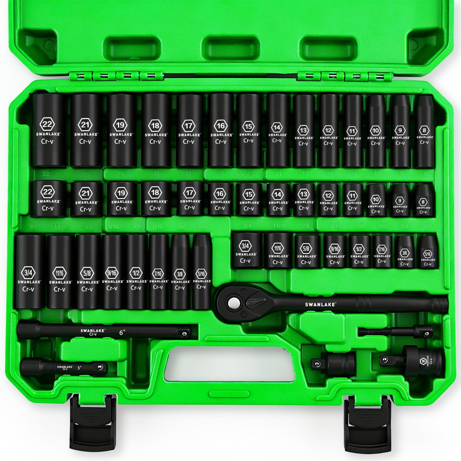 50-Piece Impact Socket Set, 3/8″ Drive, SAE & Metric, 6 Point, Cr-V, Ratchet & E