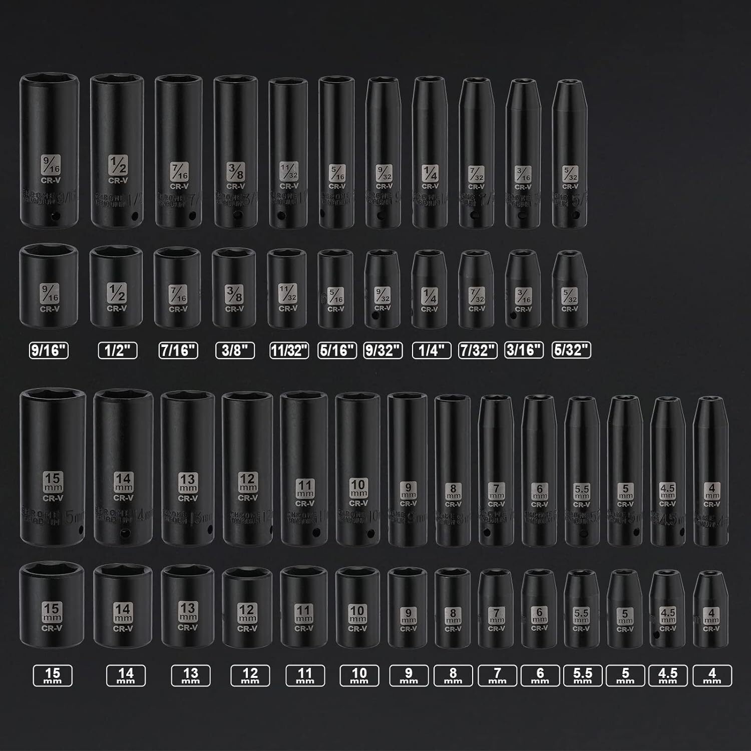 50PCS 1/4″ Drive Master Impact Socket Set,Deep & Shallow,Metric/SAE,6 Point,CR-V
