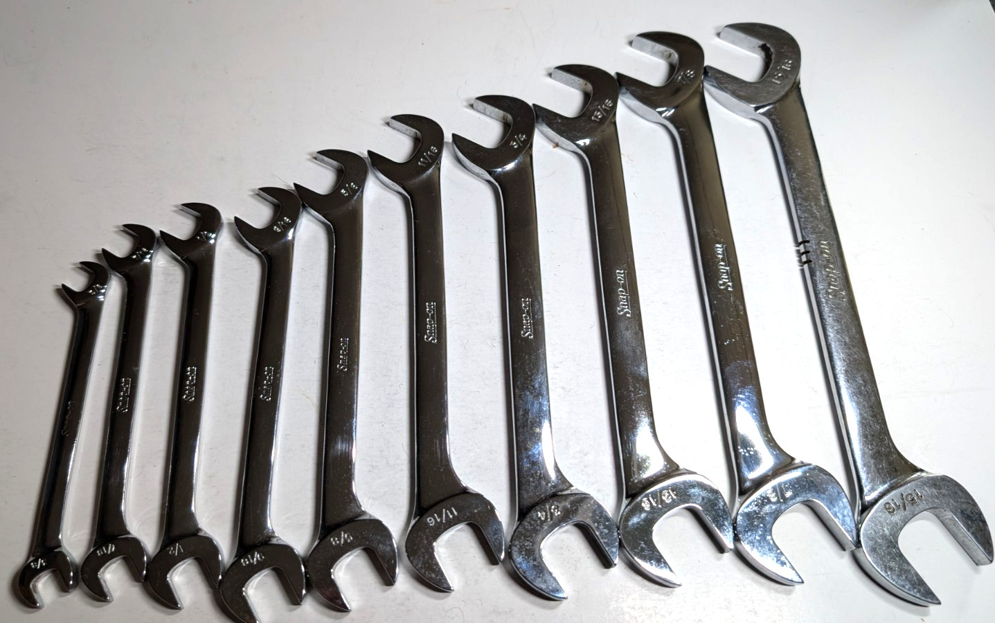 SNAP ON TOOLS 10PC 6-POINT SAE 4 WAY ANGLE OPEN-END WRENCH SET 3/8 – 15/16 USA