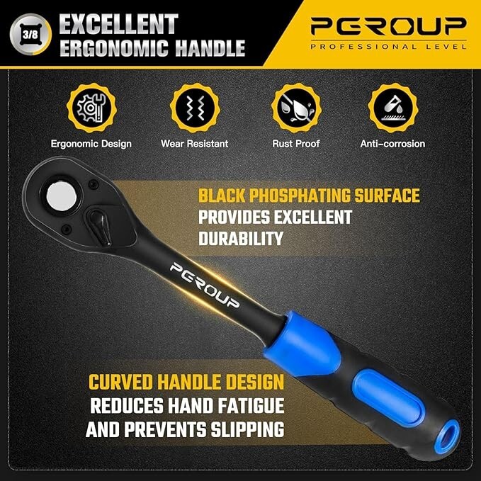 3/8″Drive 90 Tooth 4-Degree Swing Reversible Ratchet with Ergonomic Rubber Hand