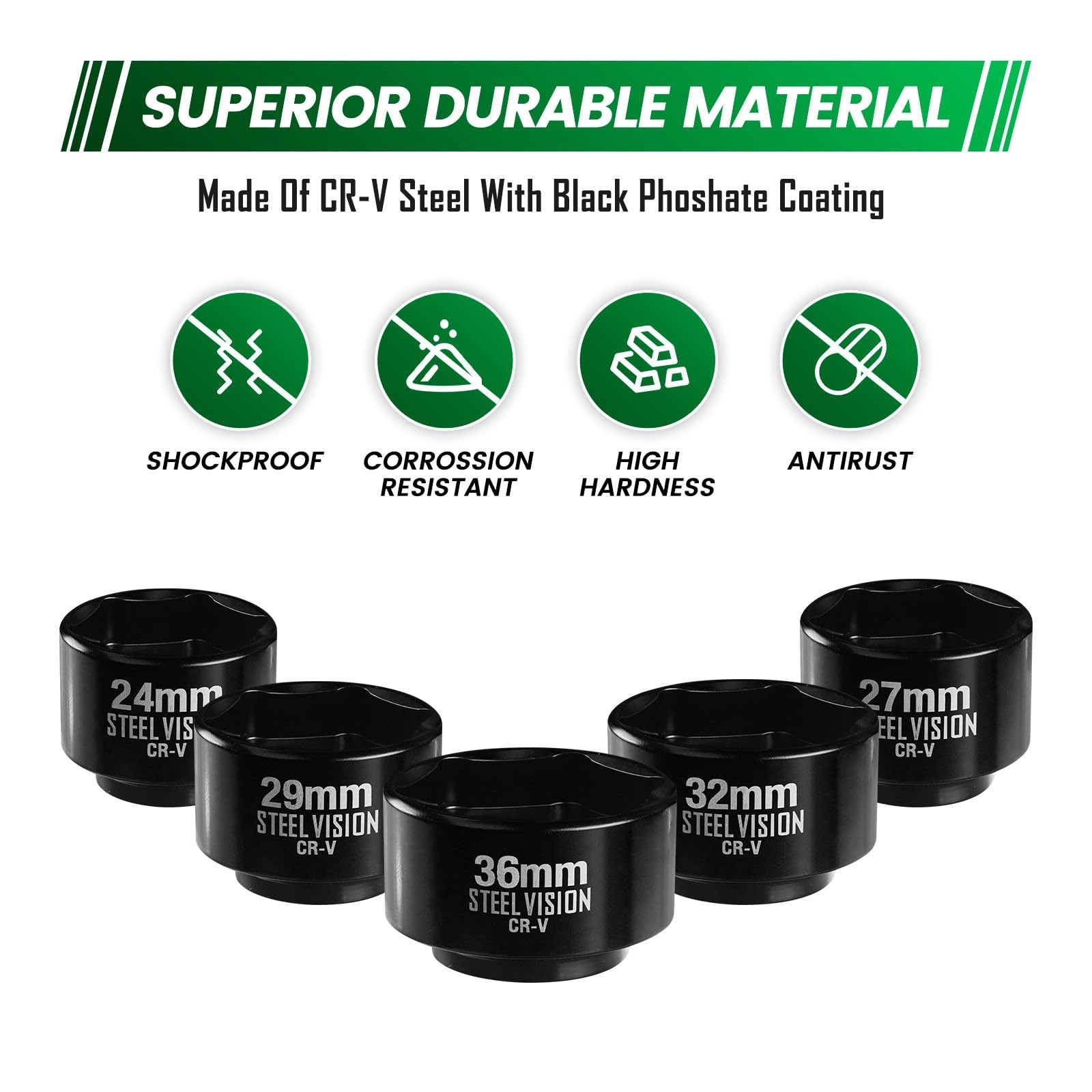 5-Piece Low Profile Oil Filter Socket Set, 3/8″ Drive, Metric 24mm-36mm, Chrome