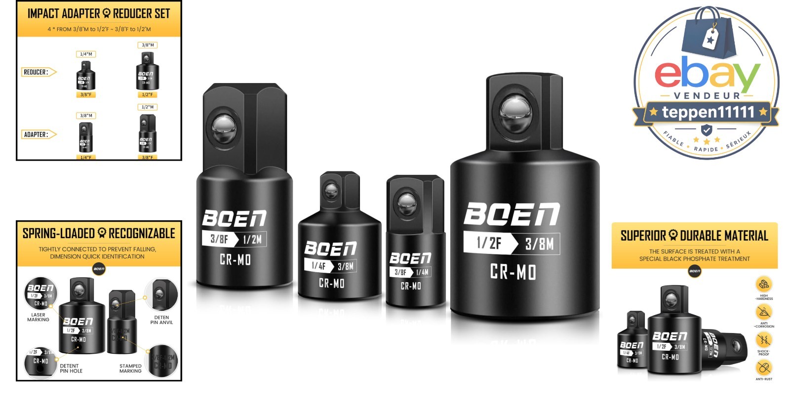 Impact Socket Adapter Set 1/4″ 3/8″ 1/2″ Drive 4 Pieces