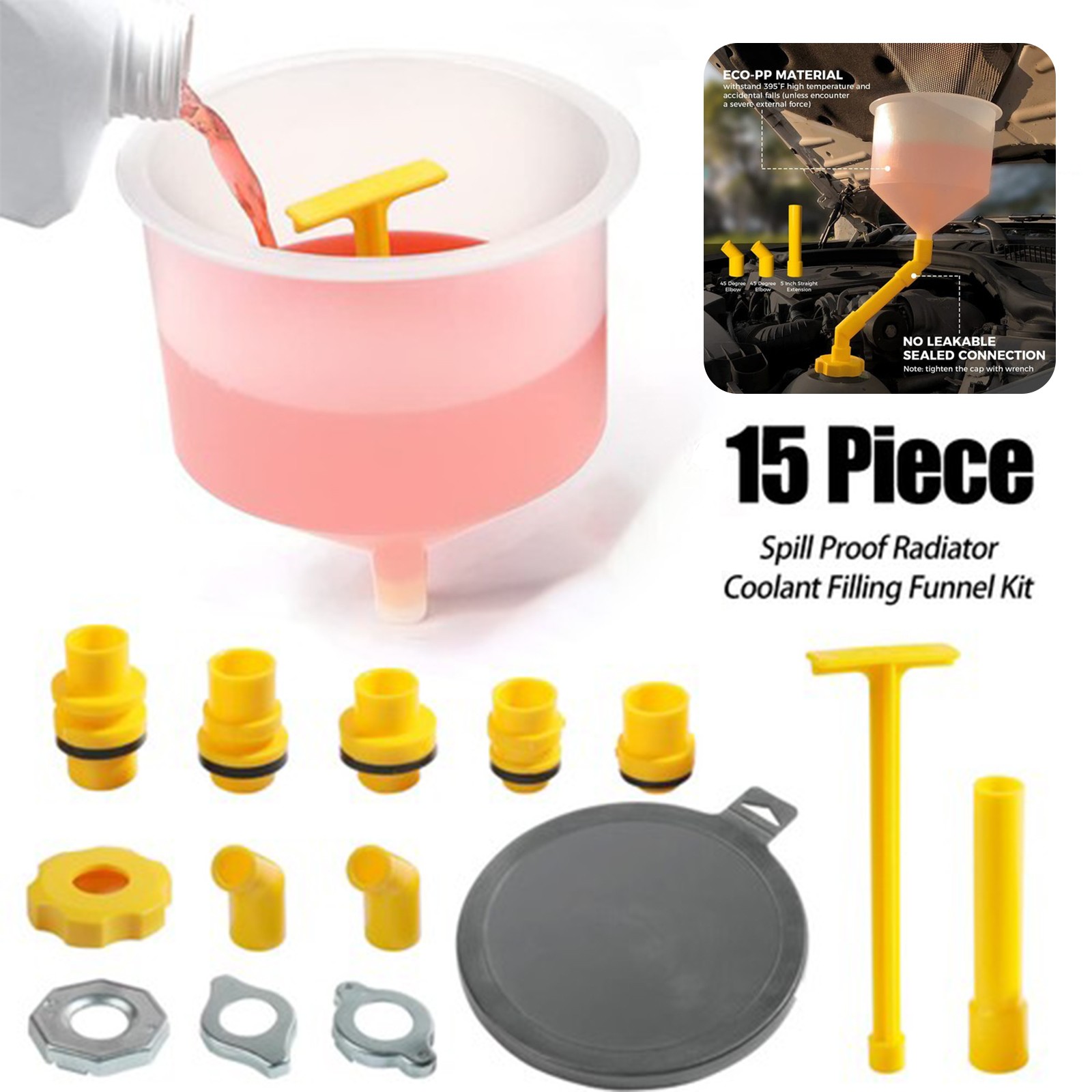 No-Spill Coolant Funnel Kit Spill Proof Funnel Bleeder with Adapters Universal