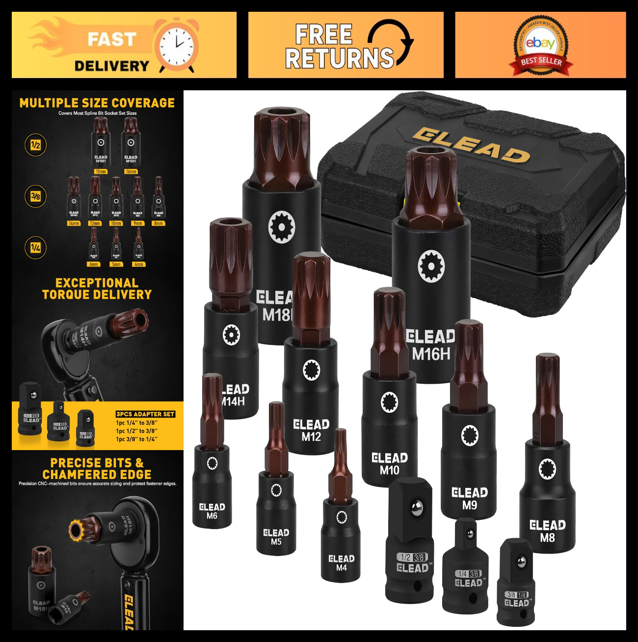 13-Piece Triple Square Spline Bit Socket Set – Premium S2 Steel, M4-M18, Adapter