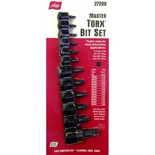 Lisle 27200 Torx Bit Set, 12-Pieces, T-10 to T-60, Heat-Treated Alloy Steel
