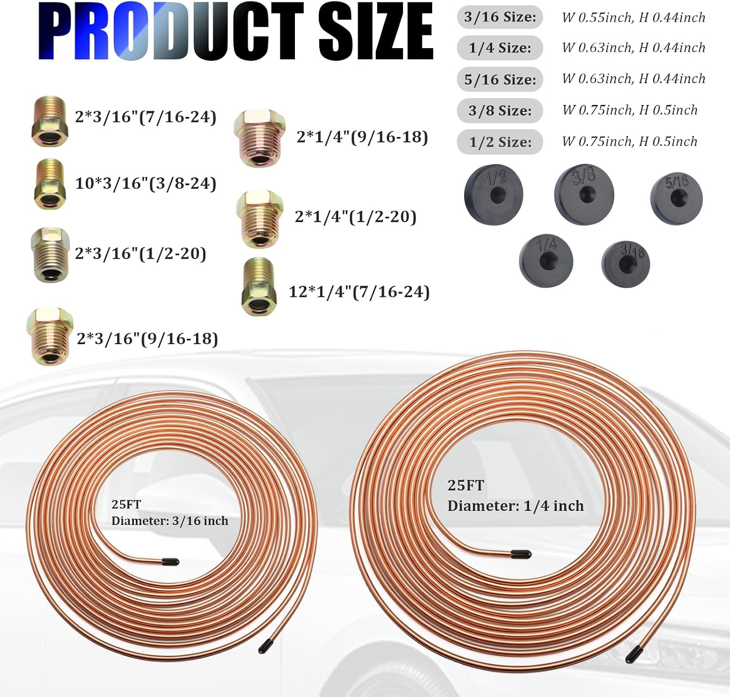 Brake Line Repair Kit 3/16 + 1/4 25 FT Copper Pipe Flaring Tool 32 Nuts Fitting