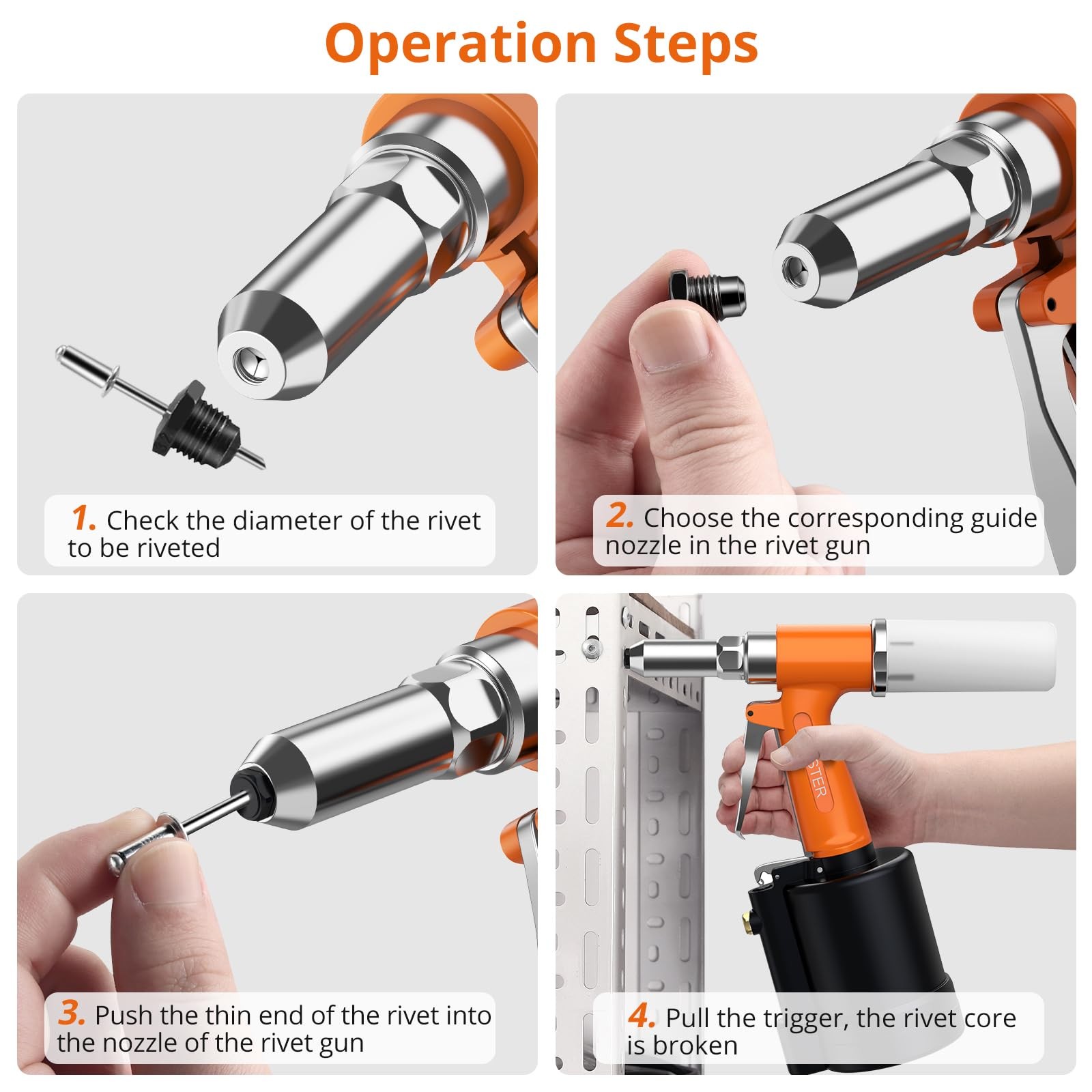 Proster Pneumatic Riveter – 3924LBF Pulling 5 Nozzles, Orange+black
