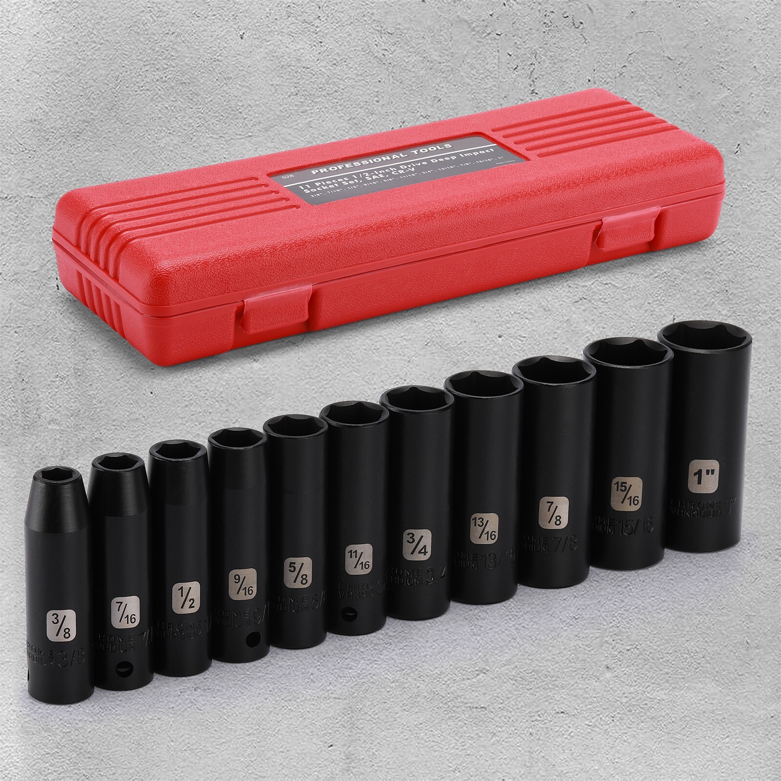 11 Pieces 1/2-Inch Drive Deep SAE Impact Socket Set, 6-Point, 3/8-Inch to 1-Inch