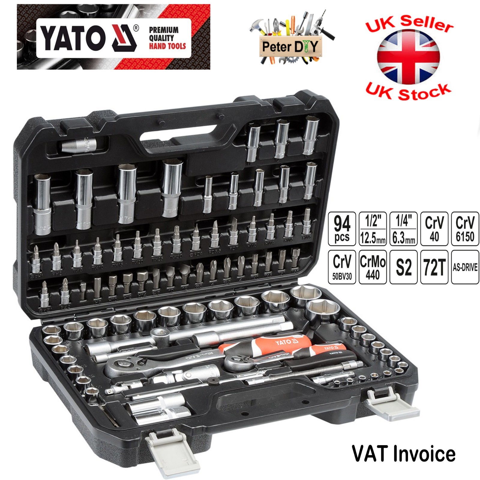 Yato Professional Toolbox 94 PCS Ratchet SOCKET SET AS-DRIVE 1/2 1/4 YT-12681