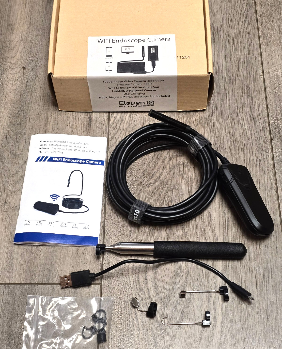 ELEVEN 10, 12′ Endoscope/ Borescope Wifi Camera w/Accessories for Android or IOS