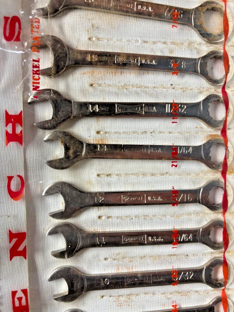 Vintage Oxwall #3972 ~ 14 Piece Box & Open Wrench Set SAE ~ E-Z HANG-UP KIT