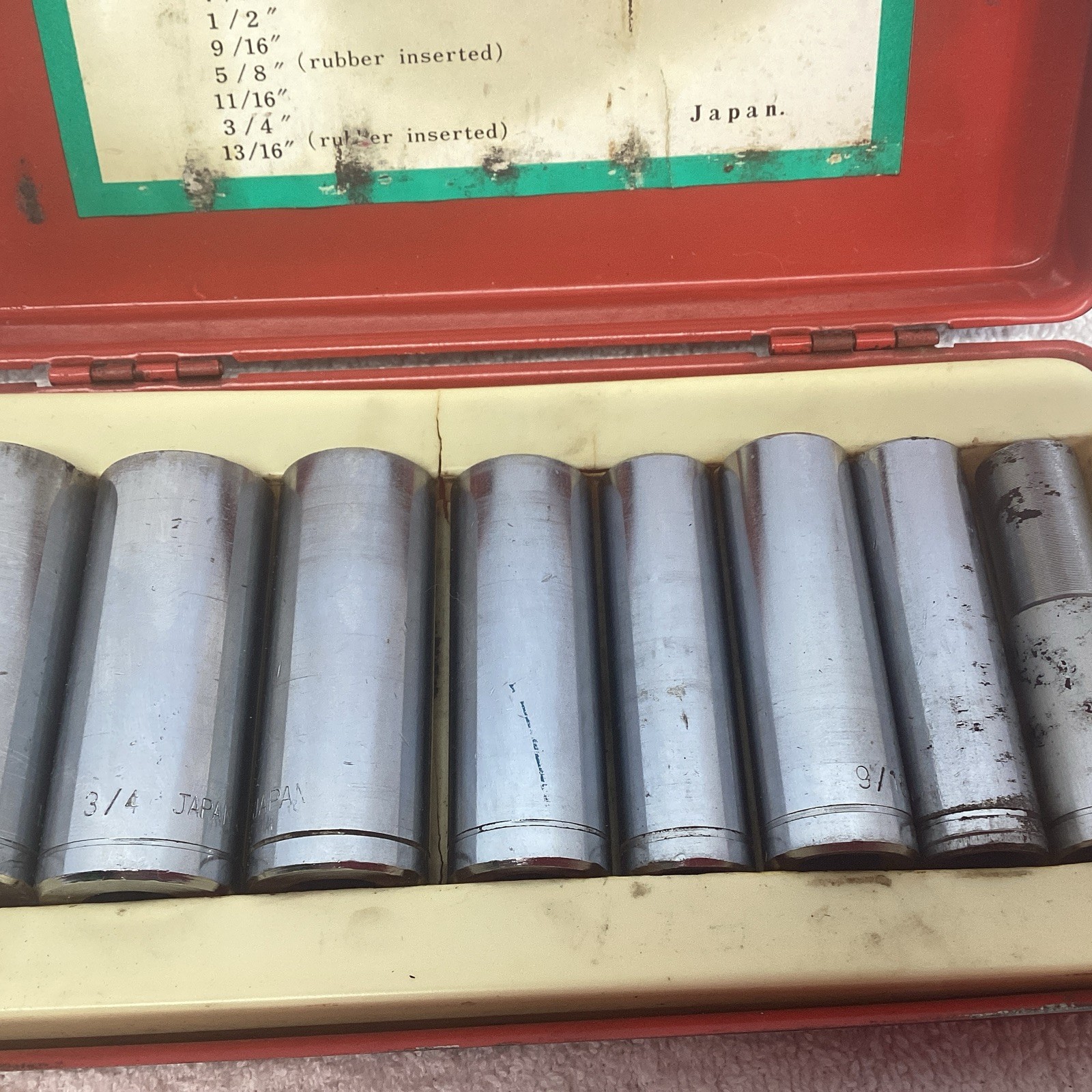 Vintage 8 Piece 3/8″ Square Drive Deep 12Point SAE Socket Set Made In Japan TIN
