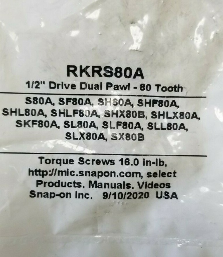 Snap-On 1/2″ Dr 80 Tooth Ratchet Repair Kit Parts S80A SF80A SH80A SL80A RKRS80A