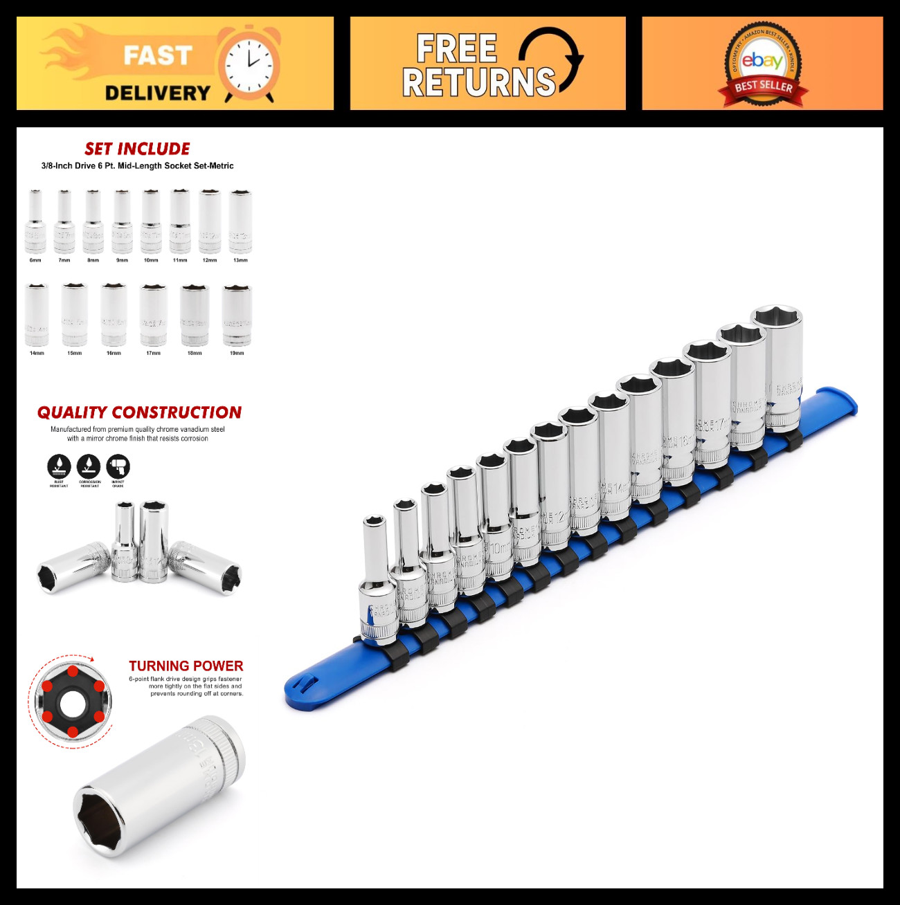 14PCS 3/8″ Drive Mid-Length Metric Socket Set 6-19mm, 6 Pt, Chrome Finish