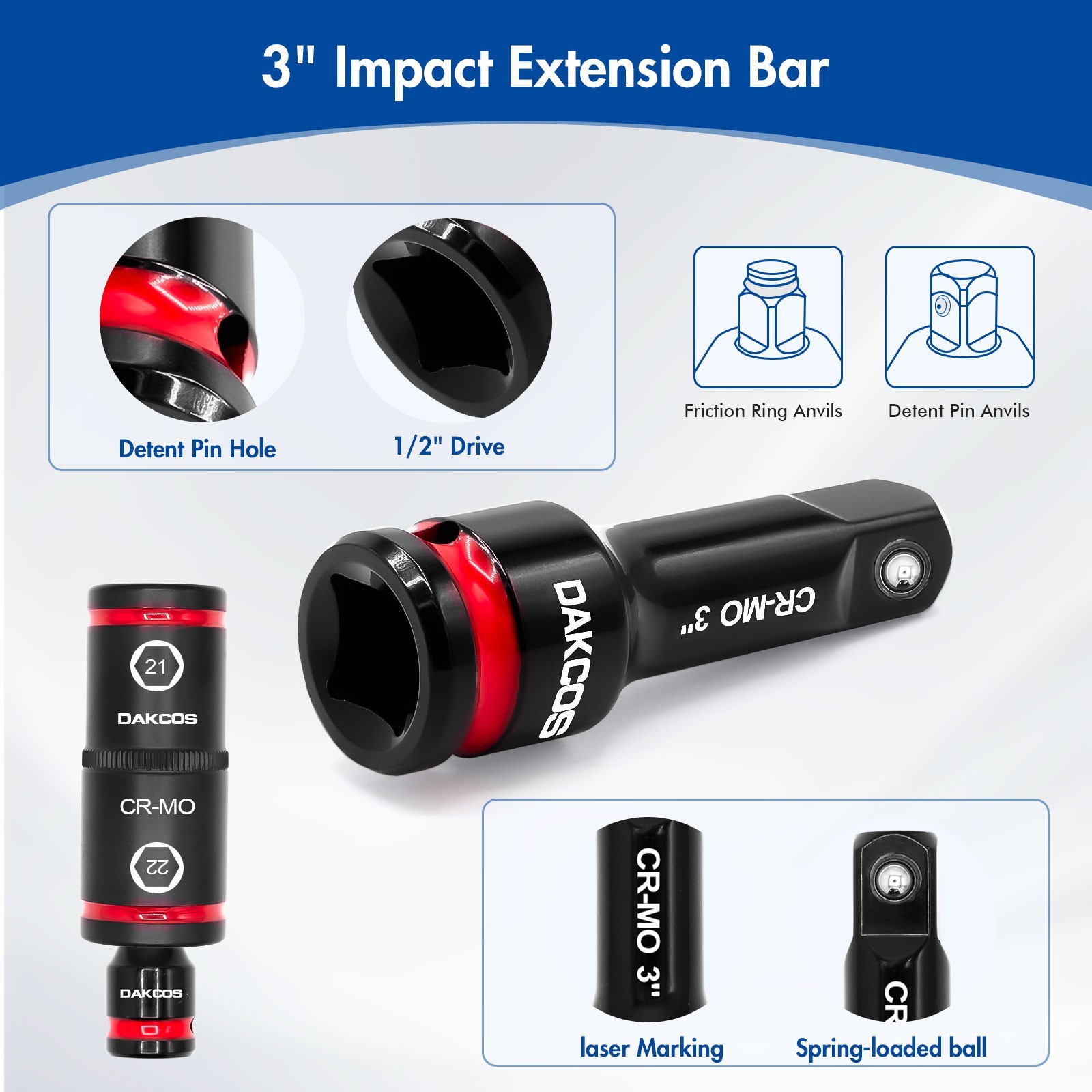 DAKCOS 1/2″ Drive Impact Lug Nut Socket Set, Double End, with 3″ Extension Bar