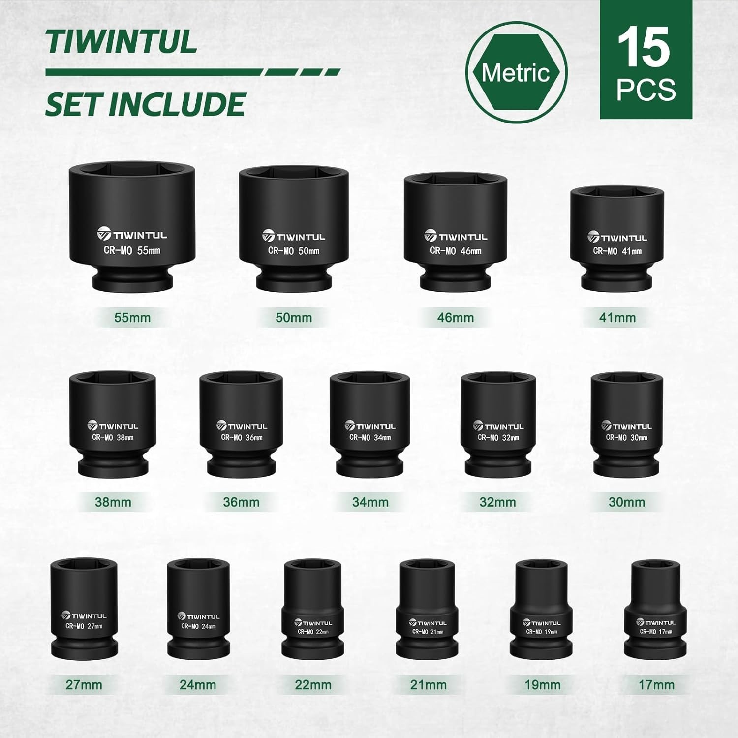 3/4 Inch Drive Impact Socket Set, 15 Pieces Heavy Duty 6-Point CR-MO Steel Im…