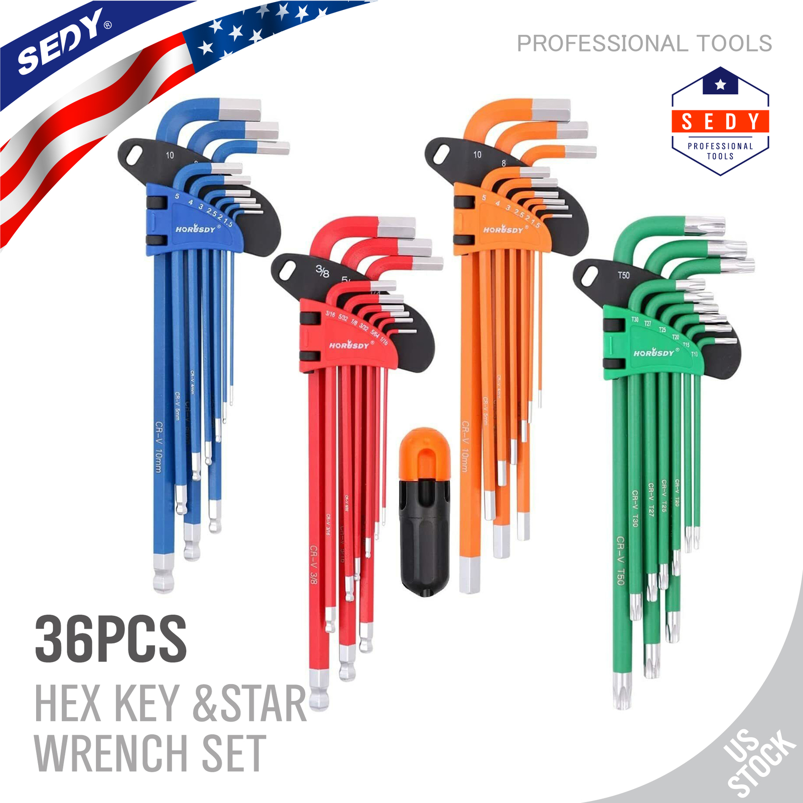 36 Pc Hex Key Allen Wrench Set Ball End Long Arm SAE Metric Star Color L Wrench