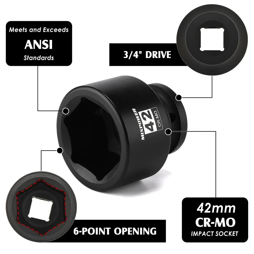 3/4″ Drive Shallow Impact Socket, 42mm, CR-MO, Metric, 42mm