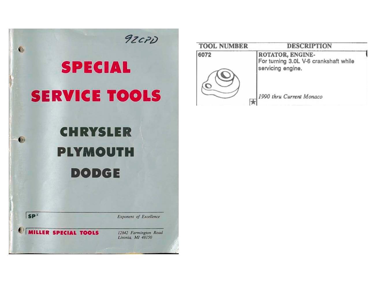 88-92 Dodge Monaco Eagle Premier Renault Specialty Engine Tools Miller 6072