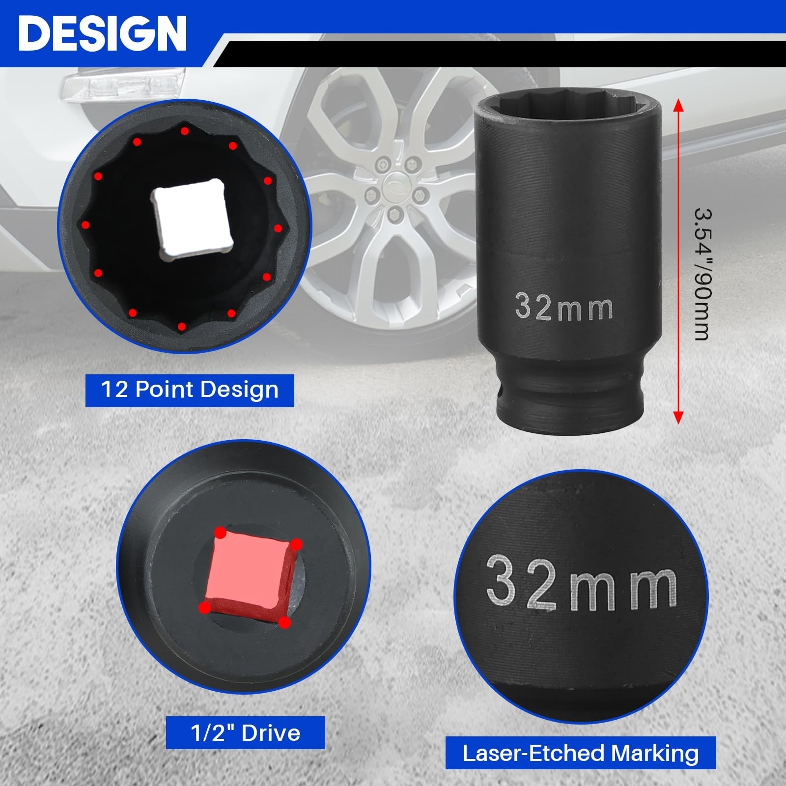 Heavy Duty 1/2″ Drive Deep Impact Socket Set 4PCS – Metric 30mm, 32mm, 34mm, 36m