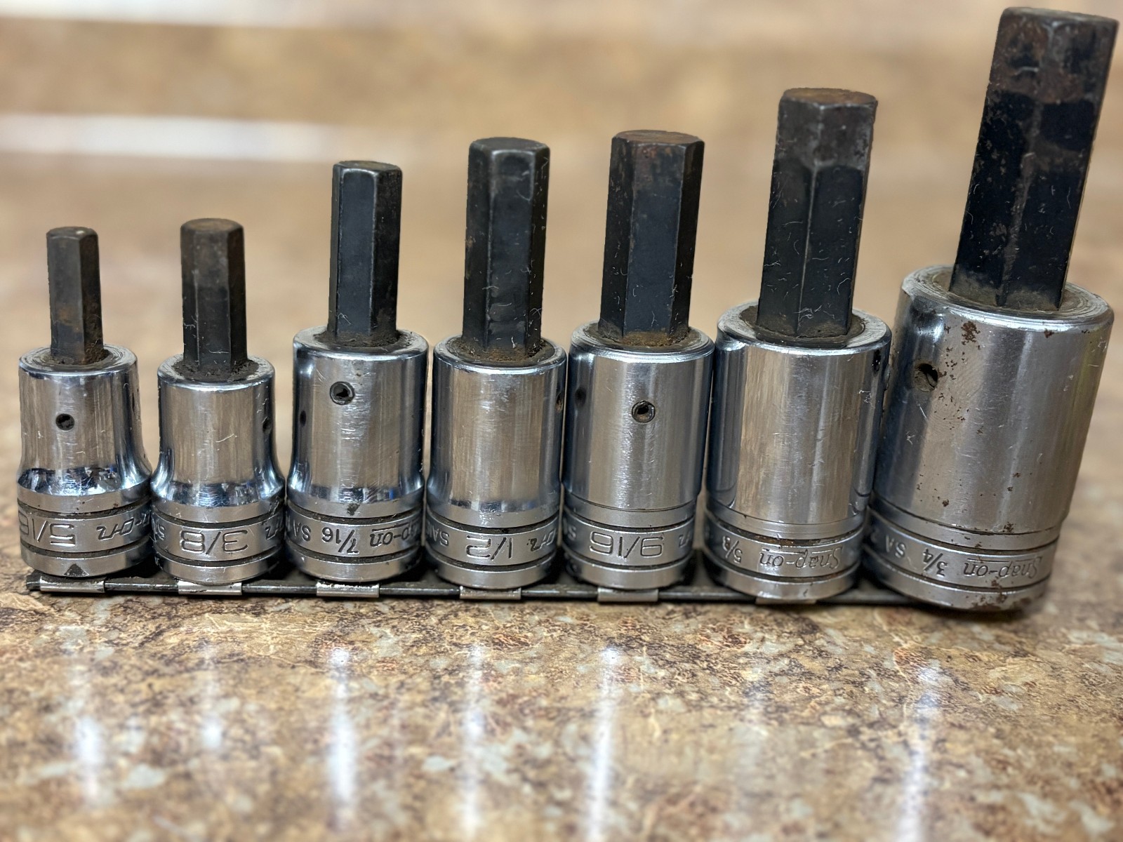 Snap-On 7 pc 307ESAY SAE 1/2″ dr hex head / allen head socket set 5/16-3/4 Used