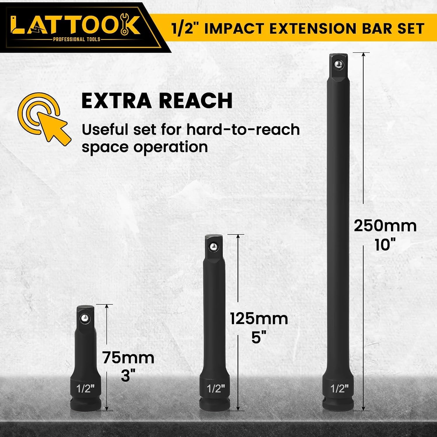 1/2 Inch Drive Impact Extension Bar Set, 3 Piece Socket Extensions