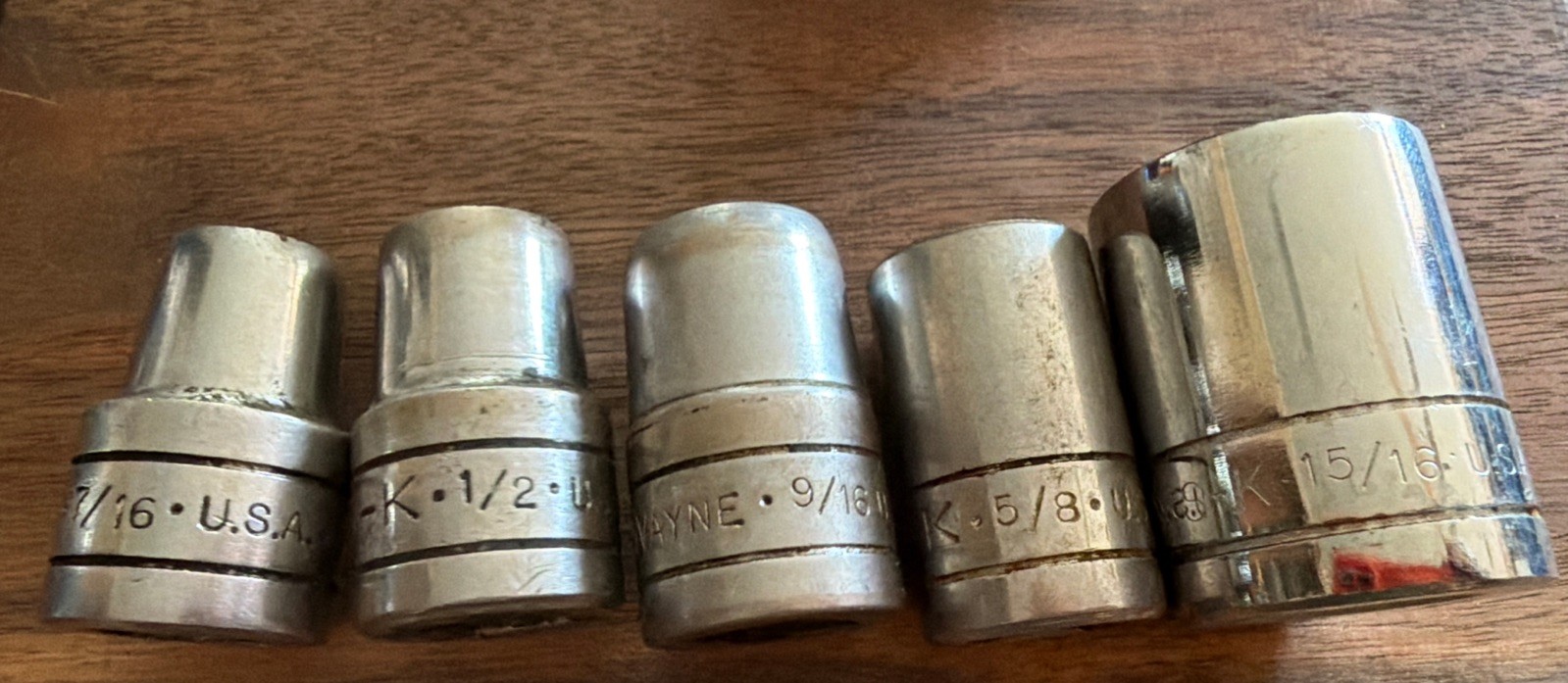 Lot of 5, S-K Sockets 6 point 7/16, 1/2, 9/16 & 12 Point 5/8, 15/16 USA Shallow