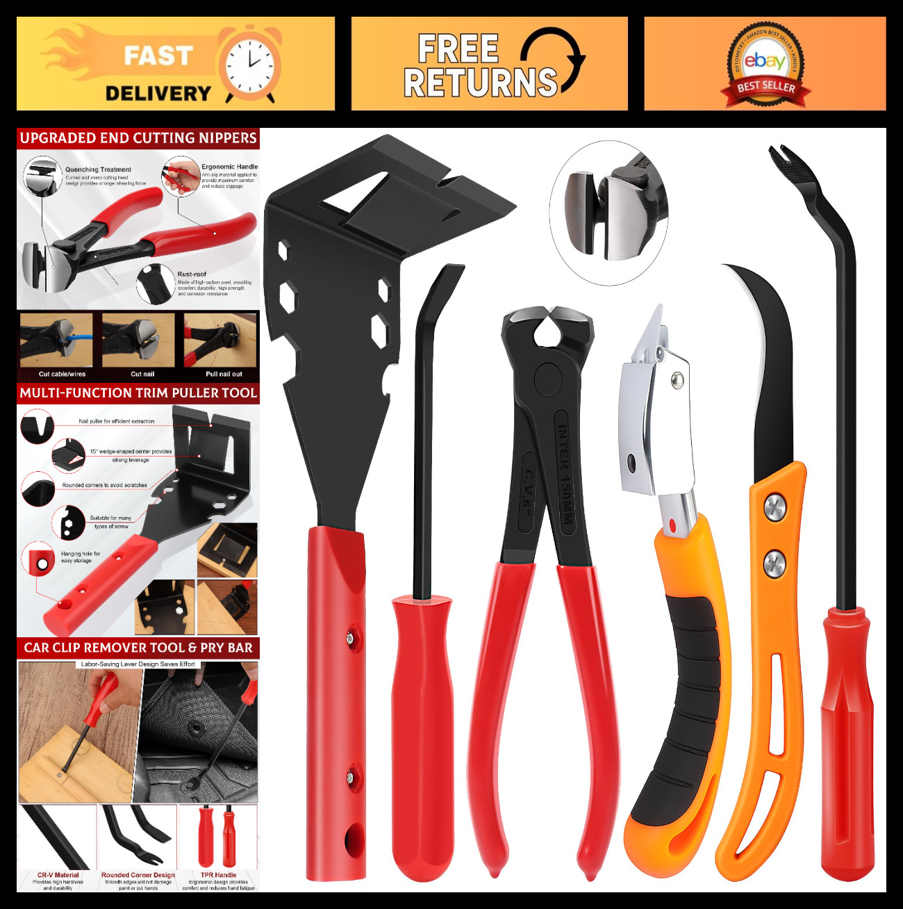 6Pcs Trim Removal Tool Kit – Upholstery Staple Remover, Nail Puller & Pry Bar Se