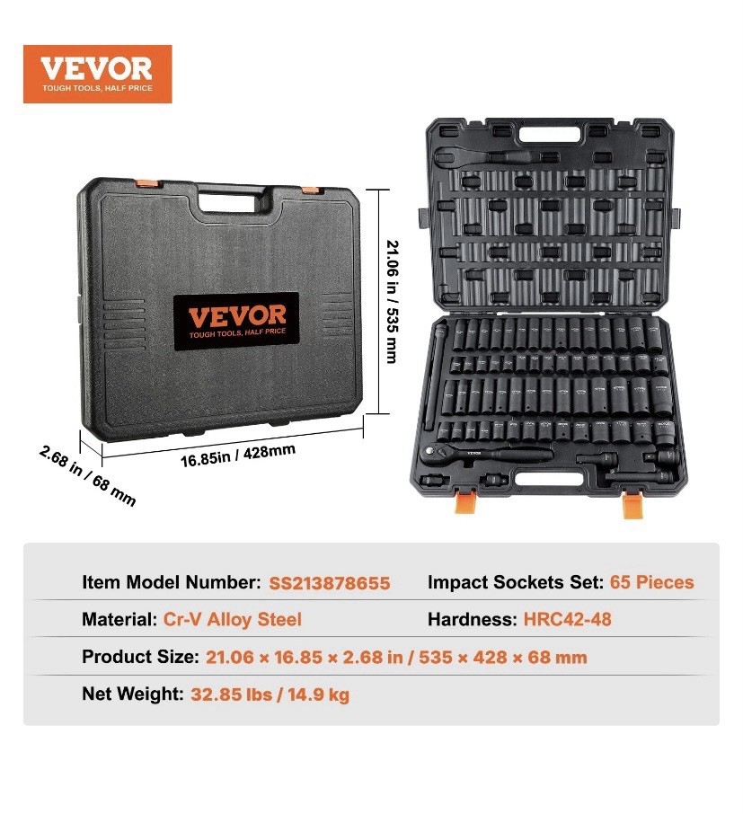 New VEVOR Impact Sockets Set 65pcs 6-Point 1/2in Drive Bit Ratchet Tool Kit Case