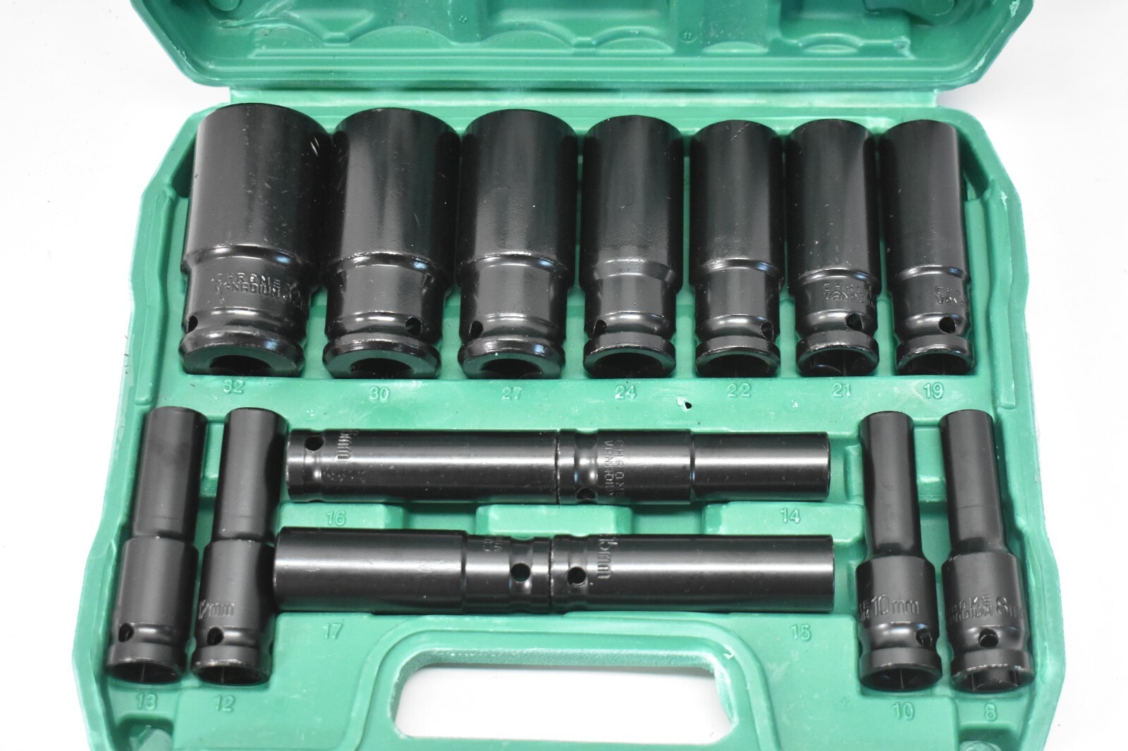 15 Piece Deep Socket Set CR-V Metric Sizes 8mm To 32mm Tool Kit Pack Assorted