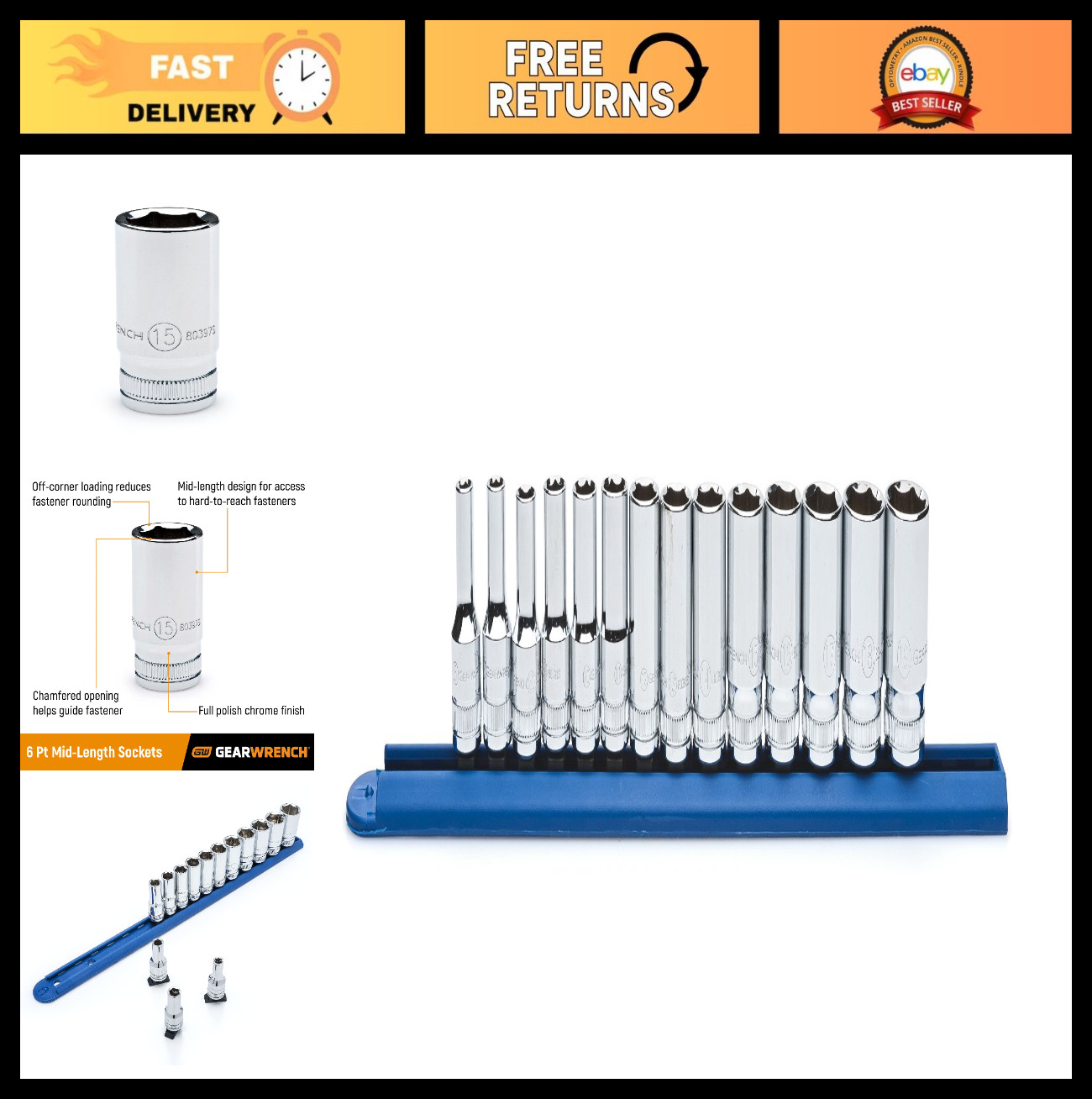 14-Piece 3/8″ Drive Mid Length Metric Socket Set – 6 Point, Durable & Versatile